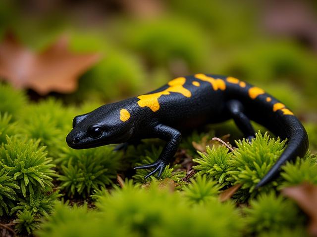 Foltos szalamandra mohos erdőtalajon